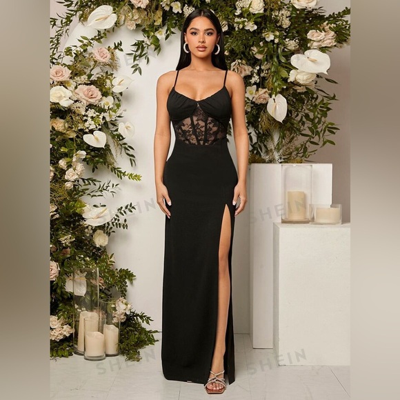 SHEIN Belle Contrast Lace Split Thigh Bridesmaid Dress - Picture 1 of 12